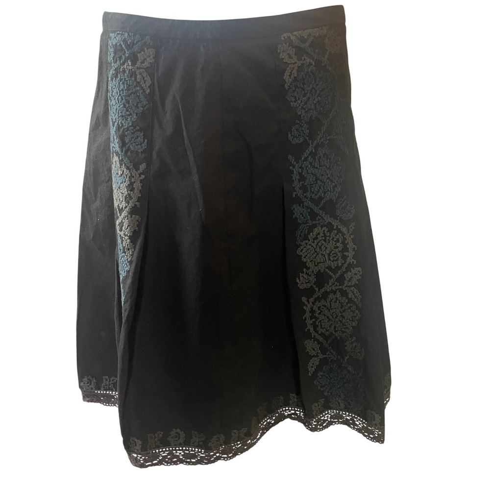 Women Classic Preppy Embroidered Midi‎ Skirt Crochet Hem Size 10 Capsule Office